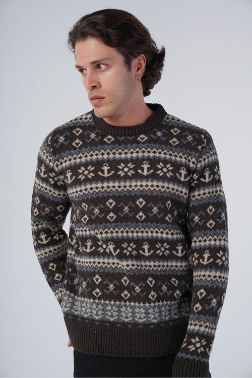 Kahve Erkek Jakarlı Çapa Desen Bisiklet Yaka Triko Yün Kazak