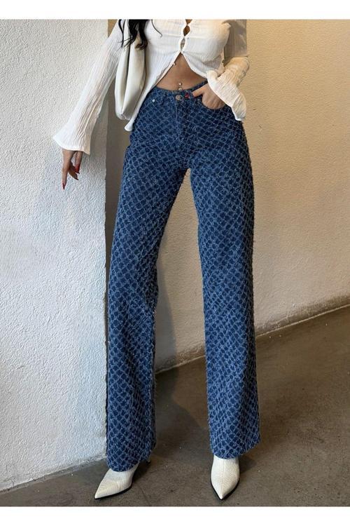 Kadın Yüksek Bel Özel Tasarım Vintage Wide Leg Denim Pantolon Mavi 38