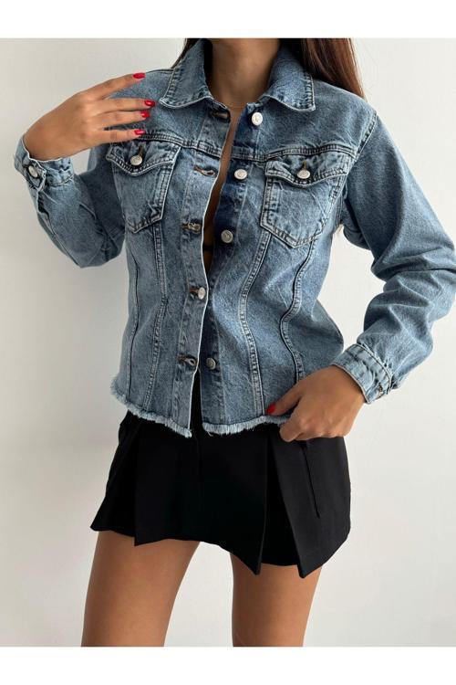 Kadın Bel Püskül Detaylı Oversize Denim Ceket Buz Mavisi S