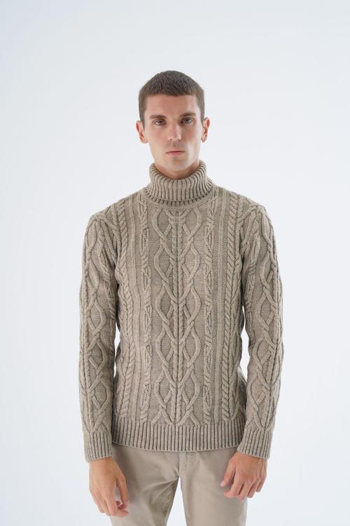 Erkek Vizon Balıkçı Yaka Yürütme Saç Örgülü Yün Triko Örme Kazak Trıst-5338