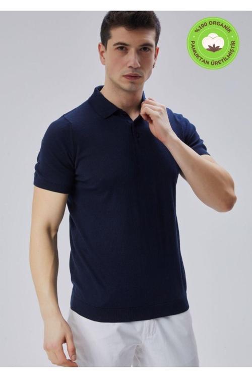 Erkek Lacivert %100 Pamuk Polo Yaka Kısa Kollu Triko Kazak Trıst-7107