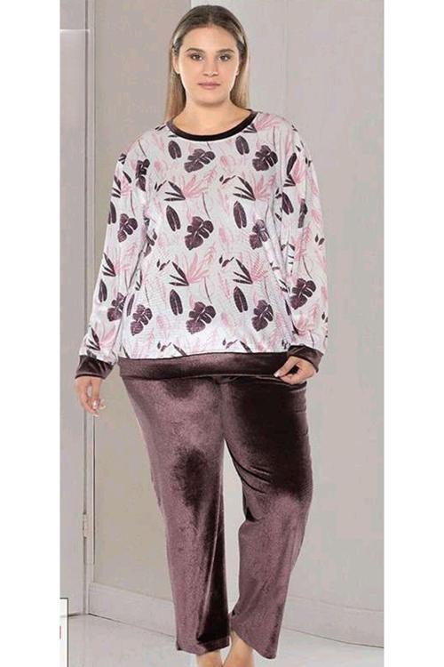 Büyük Beden Uzun Kol Kadife Şık Pijama Takımı Kahverengi 4XL