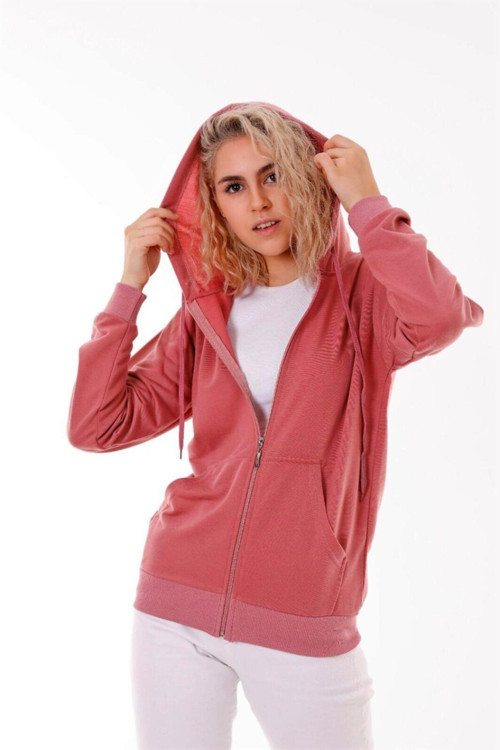 Kapüşonlu Fermuarlı Cepli Sweatshirt Gül Kurusu Koyu Pudra Gül Kurusu XL