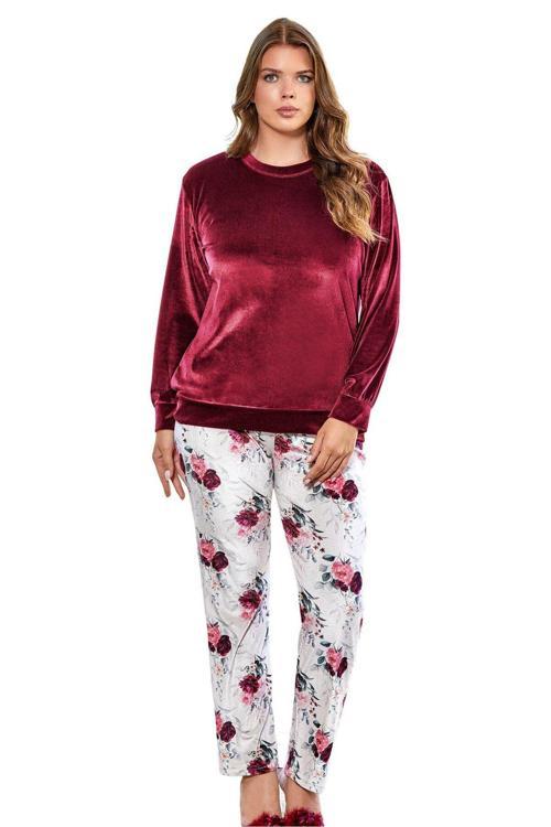 Büyük Beden Uzun Kol Şık Kadife Pijama Takımı Bordo Bordo 3XL