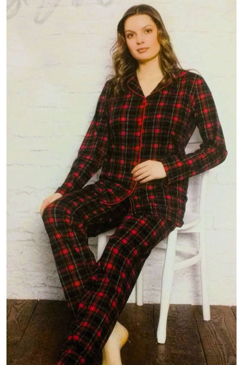 Önden Düğmeli Uzun Kol Pijama Takımı Kırmızı Ekoselii Kırmızı M