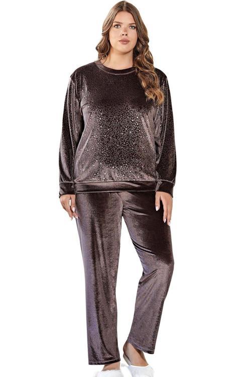 Büyük Beden Uzun Kol Şık Kadife Pijama Takımı Kahve Kahverengi 3XL