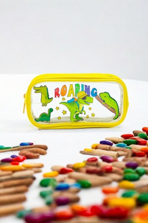 01112 Sarı Renk Dino Desenli Şeffaf Su Geçirmez Tek Bölmeli Kalem Kutusu