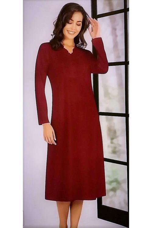Dantel Detaylı Uzun Kol Gecelik Bordo Bordo 2XL