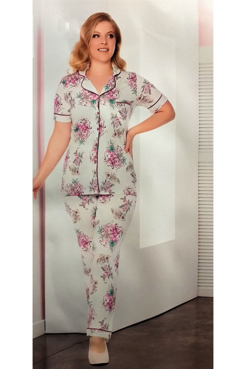 Büyük Beden Önden Düğmeli Kısa Kol Pijama Takımı Çiçekli Mor 3XL