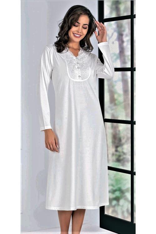 Dantel Detaylı Uzun Kol Gecelik Ekru Ekru M