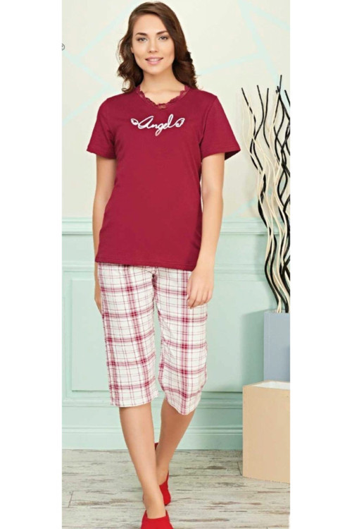 Kadın Bordo Kapri Pijama Takımı Bordo L