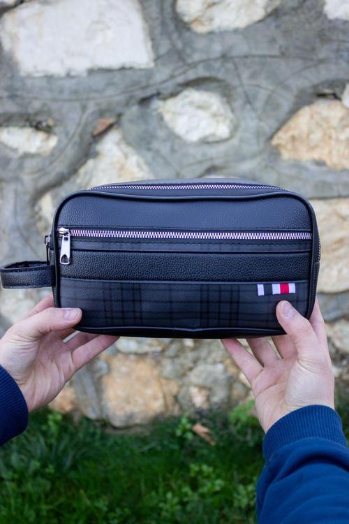 Unisex Siyah Yatay Su Geçirmez Günlük Kullanım Tıraş Çantası Kozmetik - Makyaj El Çantası -00406