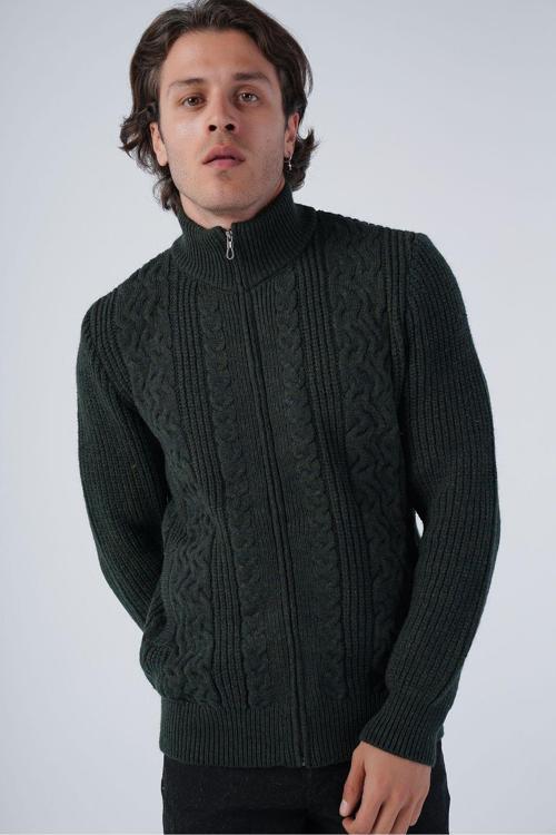 Haki Erkek Saç Yürütme Arka Kol Selanik Dik Yaka Cepli Triko Yün Hırka Trıst-5298