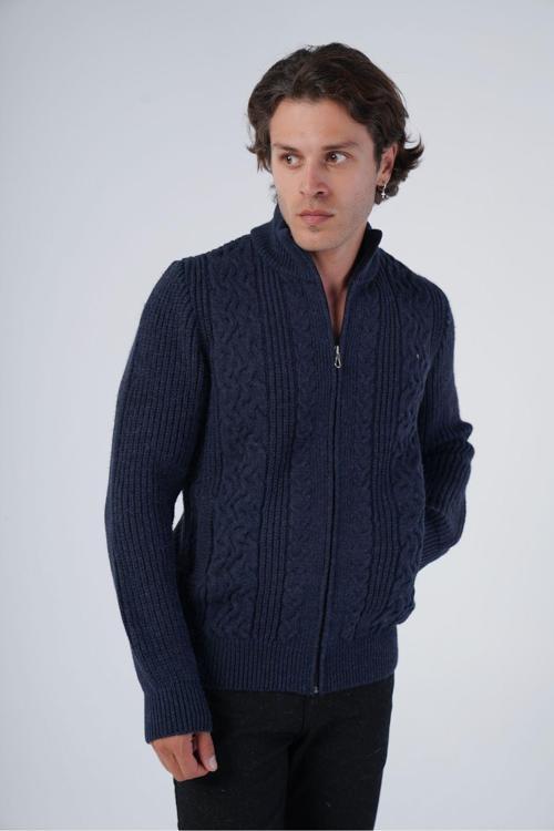 Lacivert Erkek Saç Yürütme Arka Kol Selanik Dik Yaka Cepli Triko Yün Hırka Trıst-5298