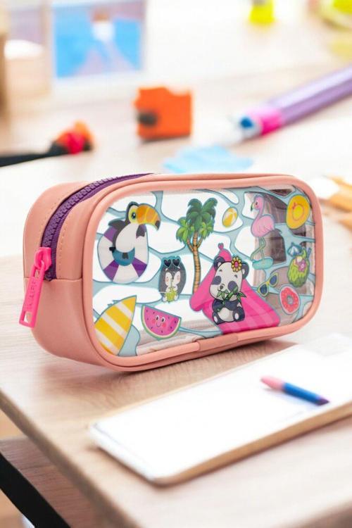 01112 Pembe Renk Panda Desenli Şeffaf Su Geçirmez Tek Bölmeli Kalem Kutusu