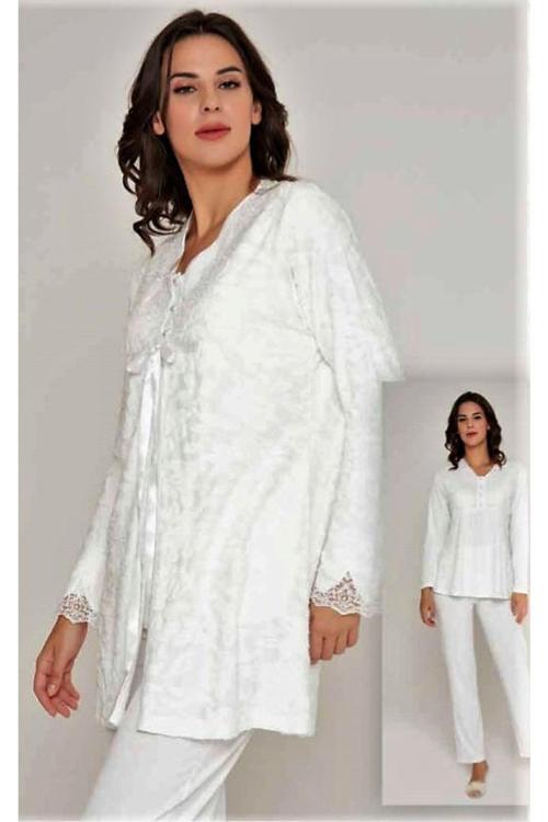 Sabahlıklı 3'İü Pijama Takımı Ekru Ekru 2XL