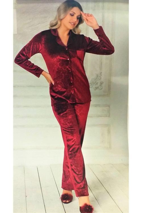 Kadife Pijama Takımı Boy Düğmeli Bordo Bordo S