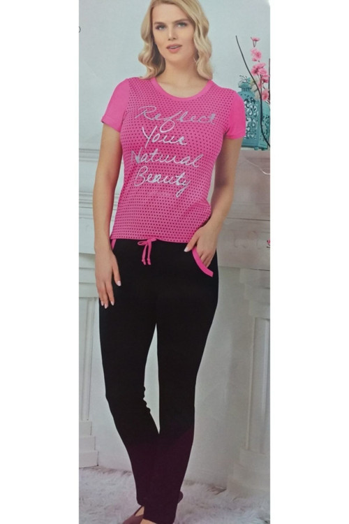 Kadın Pembe Baskılı Pijama Takımı Fuşya XL