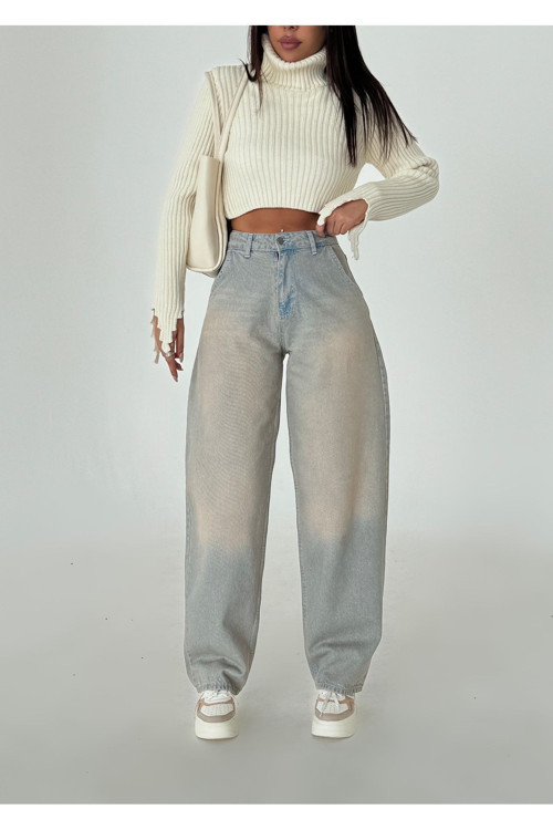 Kadın Soluk Efektli Vintage Bol Kesim Geniş Paça Baggy Jean Pantolon Mavi 36-27