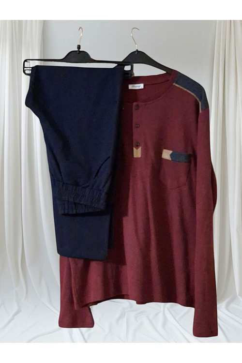 Pamuklu Uzun Kol Erkek Pijama Takımı Bordo - Lacivert XL