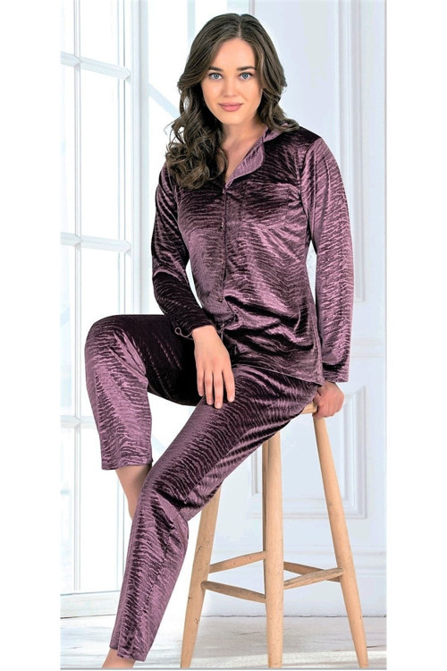 Kadife Pijama Takımı Boy Düğmeli Mor Mor XL