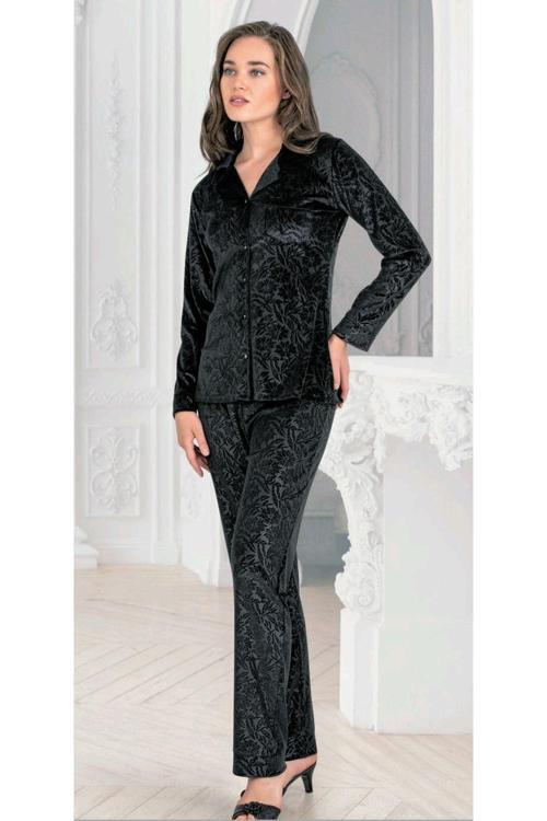 Kadife Pijama Takımı Boy Düğmeli Siyah Siyah S