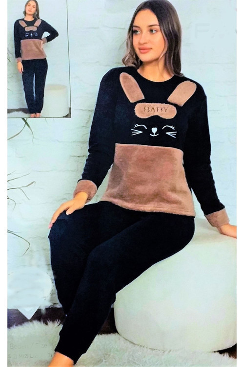 Pamuklu Pelüş Desenli Pijama Takımı Lacivert Lacivert XL