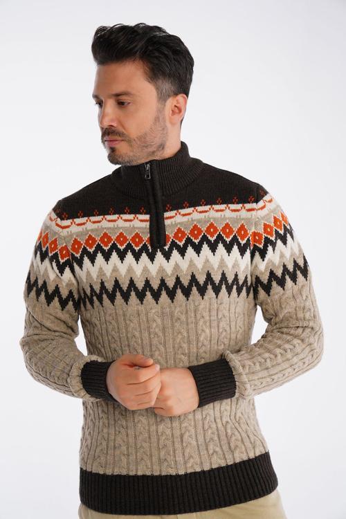 Erkek Vizon Dik Yaka Fermuarlı Saç Örgülü Jakarlı Desenli Triko Yün Kazak Trist-5323