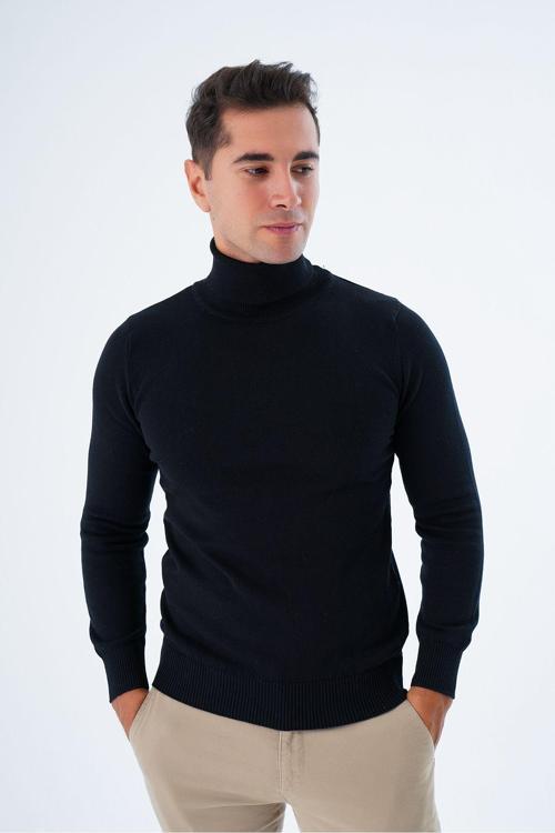 Siyah Erkek Pamuklu Balıkçı Yaka Triko Kazak