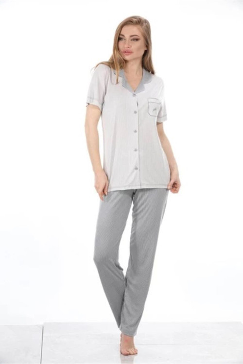 Kısa Kol Düğmeli Bambu Kadın Pijama Takımı Gri M