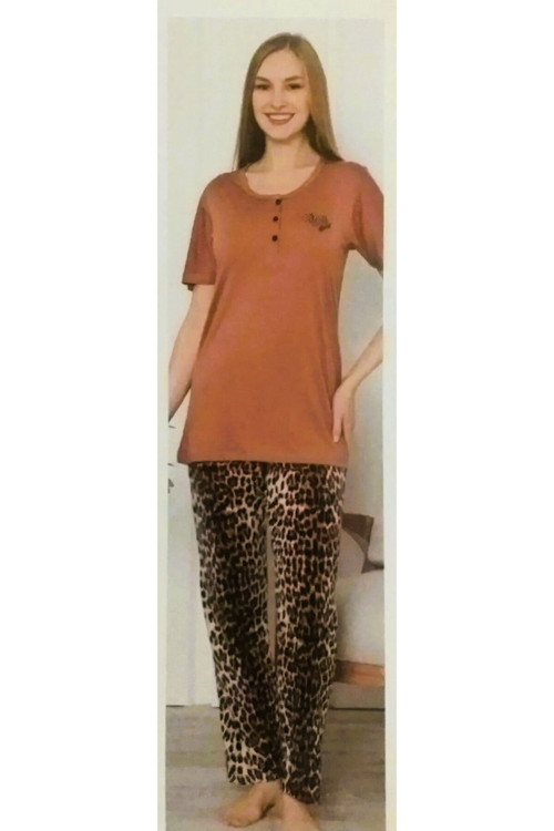 Bambu Kısa Kol Kadın Pijama Takımı Leopar Kahverengi 3XL