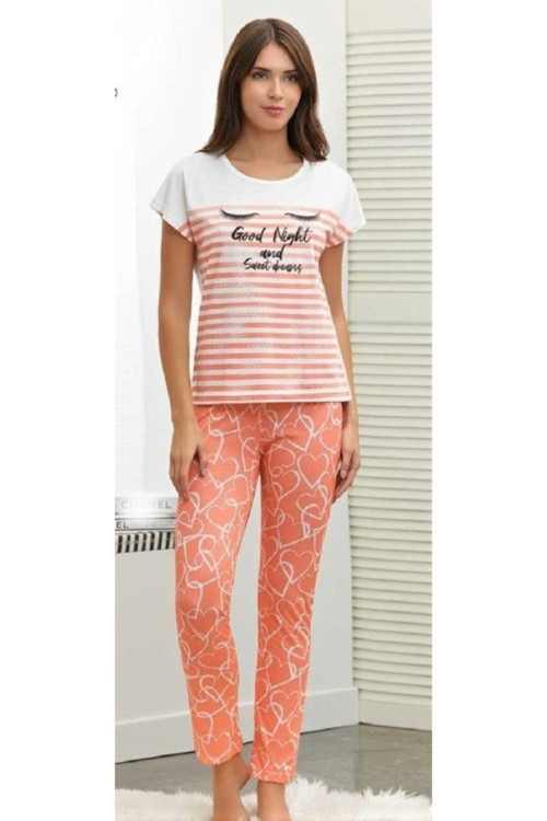 Kadın Somon Pijama Takımı Somon - Ekru S