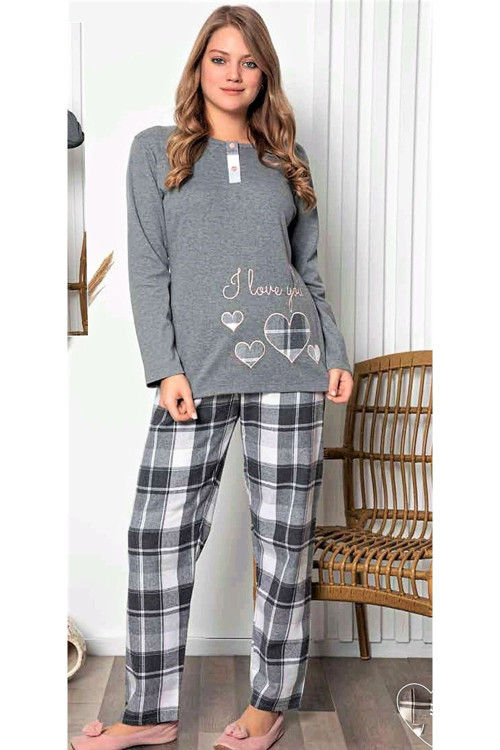 Pijama Takımı Kışlık Pamuklu Gri Gri S