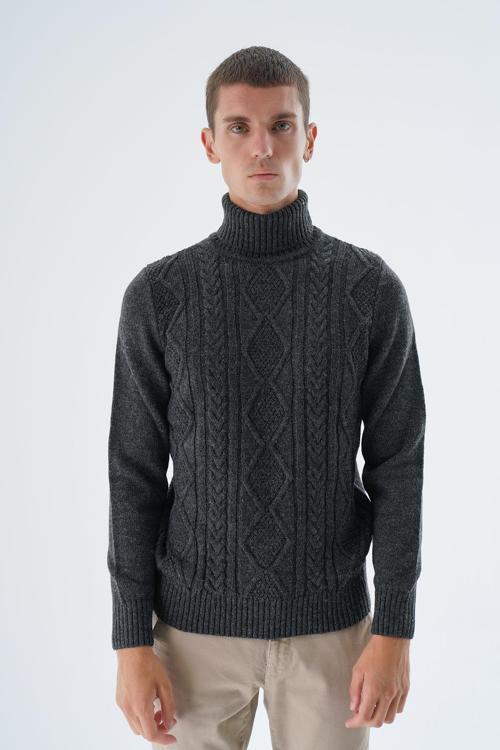 Erkek Antrasit Balıkçı Yaka Yürütme Saç Örgülü Yün Triko Örme Kazak Trıst-5336