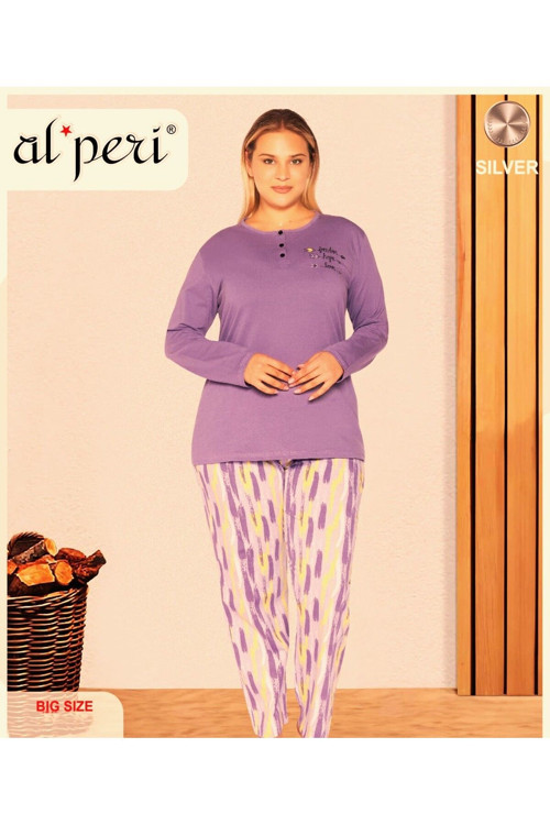 Büyük Beden Battal Kışlık Uzun Kol Pijama Takımı Mor 3XL