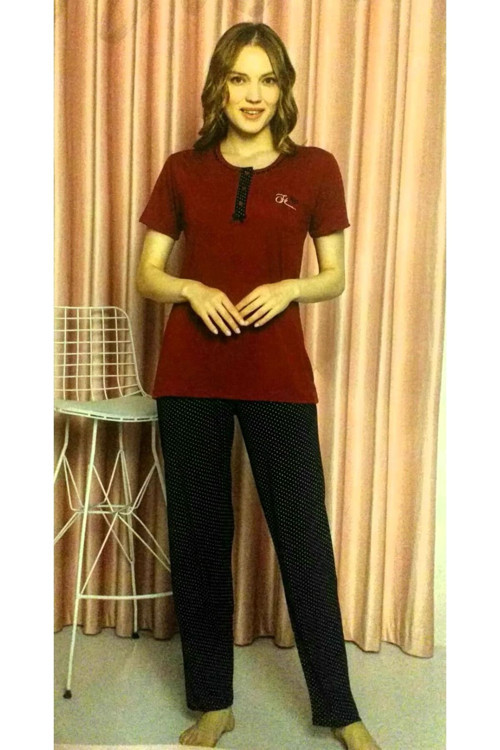 Bambu Kısa Kol Kadın Pijama Takımı Puantiyeli Bordo 2XL