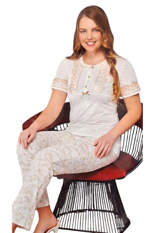 Kısa Kol Kadın Pijama Takımı Puanlı Ekru - Gri Gri S - M