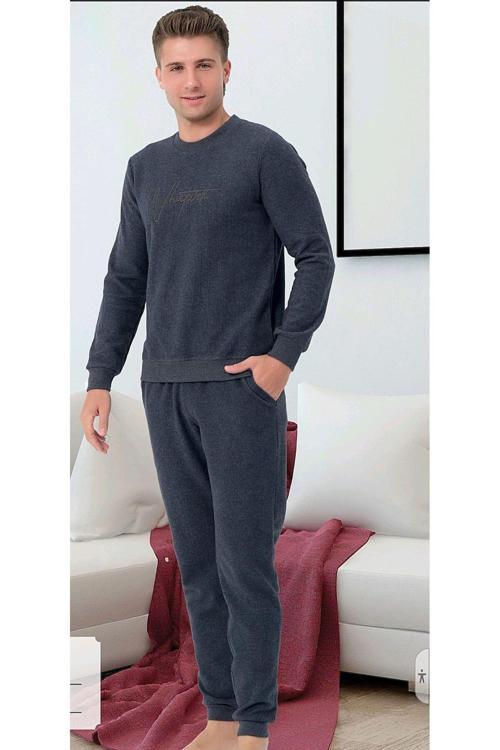 %100 Pamuk Selanik Örme Uzun Kol Erkek Pijama Takımı Kışlık Gri M