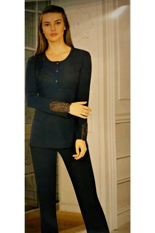 Klasik Dantel Detaylı Kışlık Pijama Takımı Lacivert Lacivert L