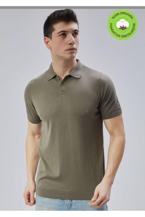 Erkek Haki %100 Pamuk Polo Yaka Kısa Kollu Triko Kazak Trıst-7107