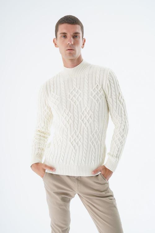 Erkek Kemik Yarım Balıkçı Fitilli Yürütme Saç Örgülü Yün Triko Örme Kazak Trıst-5343