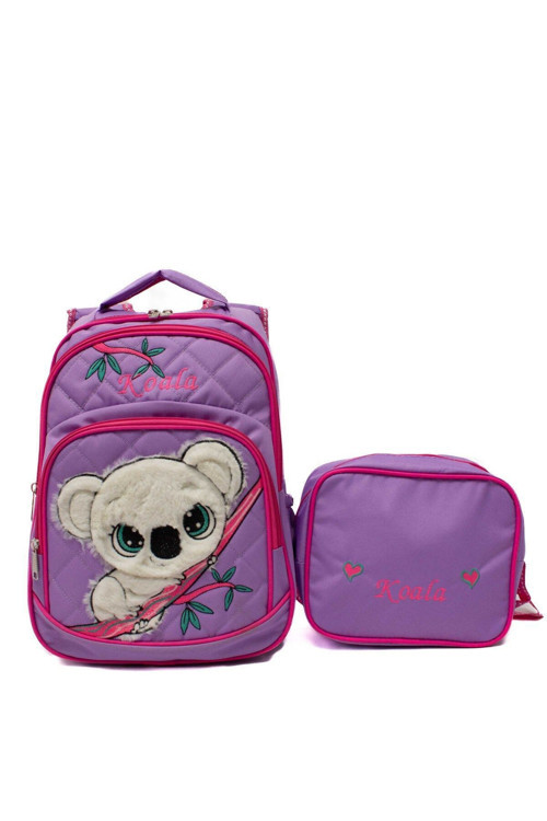 3 Gözlü Su Geçirmez Koala Desenli Mor Çanta-Beslenme Set