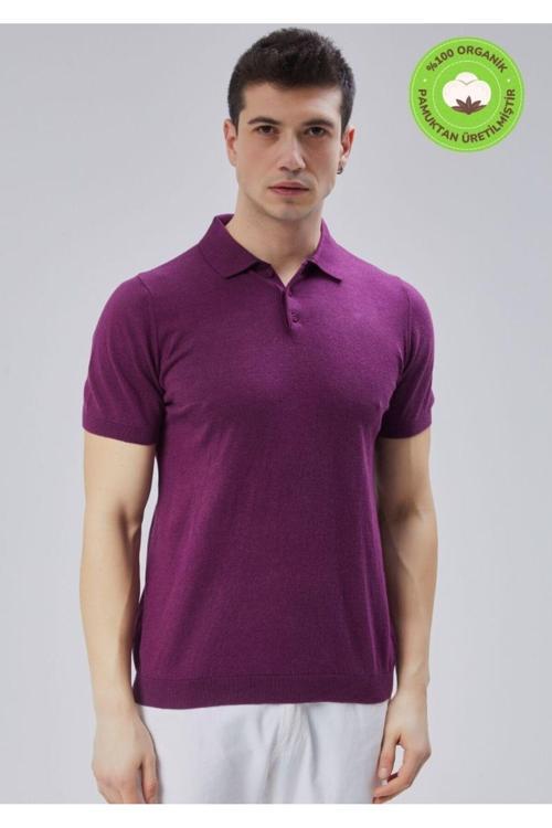 Erkek Mürdüm %100 Pamuk Polo Yaka Kısa Kollu Triko Kazak Trıst-7107