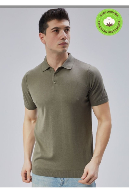 Erkek Haki %100 Pamuk Polo Yaka Kısa Kollu Triko Kazak Trıst-7107