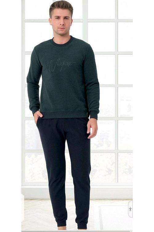 %100 Pamuk Selanik Örme Uzun Kol Erkek Pijama Takımı Kışlık Yeşil M