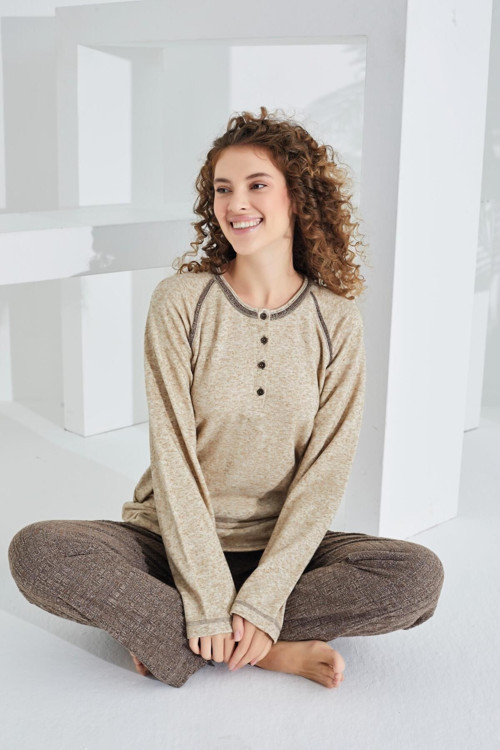 Uzun Kol Deve Tüyü Pamuklu Kadın Pijama Takımı Kahverengi XL