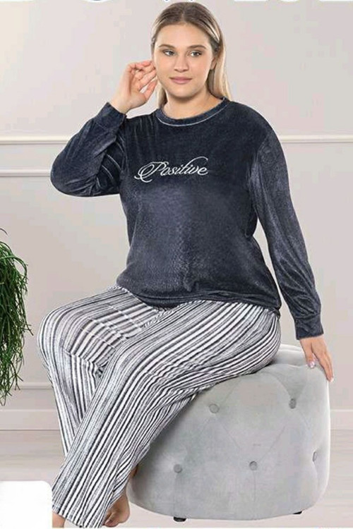 Büyük Beden Kadın Uzun Kol Kadife Şık Pijama Takımı Siyah 5XL