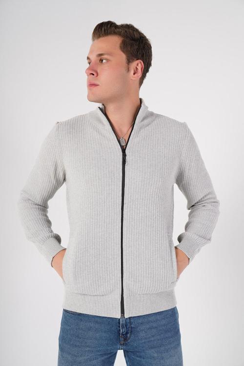 Gri Erkek %100 Pamuk Fermuarlı Dik Yaka Cepli Triko Hırka Trıst-1193