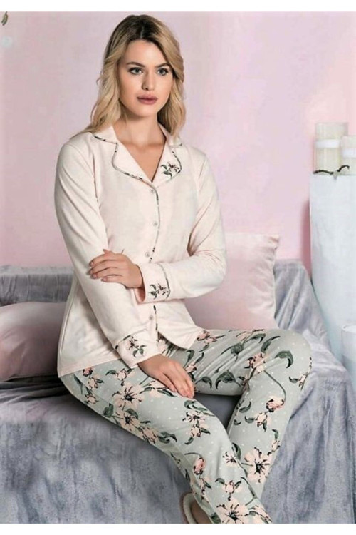 Önden Düğmeli Pijama Takımı Bordo Bordo 2XL