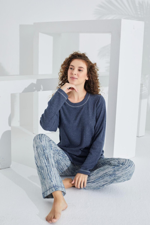 Uzun Kol Deve Tüyü Pamuklu Kadın Pijama Takımı Lacivert M
